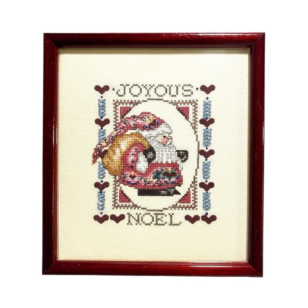 Vintage Joyous Noel Santa Cross Stitch Framed Handmade Christmas Wall Art Decor